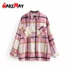 Women Green Plaid Woolen Coat Jacket Fashion Ladies Lapel Collar Long Sleeve Loose Oversize Casual Vintage Coats 210428