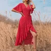 Yaz Tatlı V Yaka Baskı Puantiyeli Plaj A-line Elbise Vintage Tatil Maxi Elbise Kadınlar için Boho Ruffles Uzun Elbise 210514