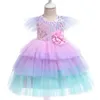 Pailletten Baby Mädchen Kuchen Kleid Blume Bunte Tiered Gaze Flare Ärmel Prinzessin für Hochzeit Party Kinder Kleidung 1-6Y D0097 210610