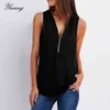 YMING Sommer Chiffon Frauen Bluse Zipper Shirts Ärmellose Damen Tops Feste Weibliche Blusas V-ausschnitt Blusen Frau Kleidung X0521