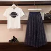 Plus Size Summer Two Piece Sets Women Short Sleeve T-shirts And Shiny Pleated Skirt Suits Casual Elegant Fashion Women's 210513