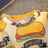 Sommar spädbarn rompers kläder baby pojkar kortärmad print hamburger blå shorts söt romper kostym 210629