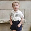 Baby Boy Kleidung Sets Säuglinge Neugeborene Handgefertigte gesmokte Kleidung Kinder Shorts Ärmel Tops + Shorts Sommer Kinder Britische Outfits 210326
