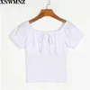 Za Kvinnor Slash Neck Lantern Sleeve Ruffles Shirt Casual Lace Up Bandage Kort Elastisk Slim High Waist Pullover Blouse Tops 210510