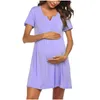 Gravida klänningar 2021 Nattklänning Mode O-Hals Solid Knappar Kortärmad Gravid kvinna Graviditetskläder Maternity Dress Q0713