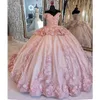 2022 Roze ruches handgemaakte bloemen baljurk Quinceanera jurk van de schouder korte mouwen applicaties kant vestidos de 15 16 años