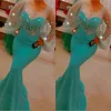 2021 Plus Storlek Arabisk Aso Ebi Mermaid Sexig Sparkly Prom Klänningar Långärmad Sheer Neck Kväll Formell Party Andra Reception Bridesmaid Gowns Dress Zj202
