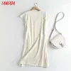 Tangada Sommer Frauen Französisch Stil V-ausschnitt Baumwolle Leinen Kleid Kurzarm Damen Midi Kleid Vestidos 4C92 210609