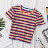 T-shirt Femmes Rainbow Rayé Tops Slim Fit T-shirt Harajuku Tshirt Été À Manches Courtes T-shirt Coréen Feminina Vêtements Tops 210518