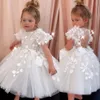 2021 Bloem Meisjes Jurken Voor Bruiloften Kant Applicaties Korte Mouwen Verjaardag Jurk Kinderen Party Kids Girl Baljurken 3D Floral Flowers Crystal Beads Open Back