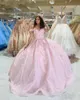 2021 Pink Light Blue Quinceanera Dresses Ball Gown Sequined Lace Off Shoulder Crystal Beads Flowers Short Sleeves Sweet 16 Party Prom Evening Gowns