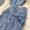 Women Denim Two Piece Sets Summer Sexy V-neck Crop Tops and Midi Wrap Skirts Outfits Woman Street Style Jeans 2 Pcs Suits 210525