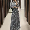 BLSQR Women Vintage Flower Print Long Dress Autumn Casual Three Quarter Sleeve Draped Maxi Ladies Elegant Slim Midi 210430