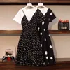 Vestido de verano para mujer O cuello manga corta algodón retro lunares estampado patchwork gasa volantes vestidos midi 210428