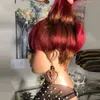 オンブルレッドカラーショートボブピクシーカットヒューマンヘアウィッグフルマシンは、黒/白人女性コスプレパーティーのための前髪でレースフロントウィッグを作った