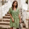 Solid Vintage Mini Dress Sommar Broderi Bomull Es Lady Short Sleeve Loose Casual Pleated Femme Robe S-XL 210508