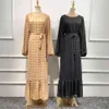 Siskakia Solid 3D Pompon Maxi Long Dress for Women Fall O Neck Full Sleeve Muslim Duabi Turkey Qtar Oman Arabic Clothes 210325