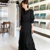 Matakawa Fold Elastic Waist Femme Robe Solid Odefinierad Långärmad Maxi Klänningar För Kvinnor Korea Chic Retro Round Neck Vestidos 210513