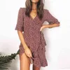 Dorywczo Summer Sukienka Kobiety Boho Floral Print Elegancka Beach Ruffles Sundress Sexy Głęboki V Neck Slits Mini Party 210508