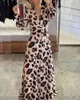 Mulheres Manga Longa Leopardo Imprimir Outono Vestido V Pescoço Botão Design Cintura alta Maxi Vestido Y0726