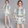 Fashion Women Two-Piece Set Elegant Sexy Slim Print Floral Turn-Down Collar Long Sleeve Shirt Top And Shorts Ladies Suit 210525