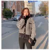 Kore Houndsthooth Kısa Kazak Hırka Ceket Kadınlar Zarif İmitasyon Vizon Polar Knitwear Bağlar Vintage O-Boyun Örme Mont 211018