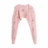 ZA Women Fashion Floral Embroidered Knitted Cardigan Vintage Long Sleeve Sweater+Knitted Chest strap Top 2-piece Set XITIMEAO 210602