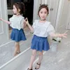 Детская одежда кружевная блузка + джинсовая юбка девушка повседневный стиль костюм для летнего детского набора 210528