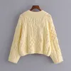 VUWWYV Yellow Patchwork Cable Knitted Cardigan Sweater Women Oversized Cropped Sweaters Woman Long Sleeve Casual Tops 210430