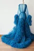 Royal Blue Zwangere Avondjurken Foto Gewaden Pyjam Robe V-hals Lange Mouwen Applicaties Kant Tulle-jurken Aangepaste Vloerlengte Badjas Mesh Jurk
