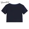 Yitimuceng Spitze Up T Shirts Frau Gestrickte Aushöhlen Tops Crop Tops Dünne Oansatz Harajuku Blau Sommer Mode T-shirts 210601