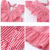 Elegante abito con scollo a V per la ragazza Estate Casual Neonate Back Bowknot Dress Abbigliamento Bambini sexy Plaid senza maniche Backless Sundress Q0716