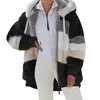 冬の女性のパーカーファジーフリースジャケットオープンフロントフード付きカラーブロックパッチワークカーディガンコートポケットプラスのサイズを持つアウトウェアスウェットシャツ