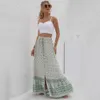 Women Clothing Casual Boho Print Lace Up Maxi Skirts Summer Fashion Empire Loose Long Skirt Green Slit Beach Womens 210621