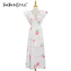 Print White Patchwork Bow Dress For Women V Neck Short Sleeve High Waist Summer Dresses Female Fashion Clothes 210520