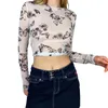 Damska koszulka Kobiety Sheer Mesh Topy, Seksowny Z Długim Rękaw Runda Neck Butterfly Floral Print T-Shirts