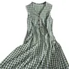 Kimutomo chique plaid jurken vrouwen koreaanse v-hals mouwloze single breasted slanke taille vestido feminino lente zomer 210521