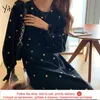 Yitimuceng Stickerei Blumenkleider für Frauen Vintage Midi Kleid Koreanische Mode Lange Puff Sleeve Büro Dame Schwarz Frühling 210601