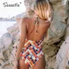 SEASELFIE Geometrischer Druck Tiefer V-Ausschnitt Halter Badeanzug Frauen Sexy Cut Out Monokini Strand Badeanzug Bademode 210630