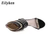 Eilyken novo rebite decoração de metal salto alto mulheres sandálias capa capa para festas gladiador senhoras sapatos preto tamanho 35-40 210324