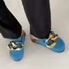 Tasarım Altın Zincir Kadın Terlik Kapalı Toe Katmanlar üzerinde Kayma Ayakkabı Yuvarlak Ayak Düşük Topuklu Casual Slaytlar Flip Flop
