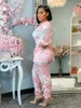 Women Fashion Two Piece Pant Sets Long Sleeve Crew Neck Print Top and Skinny Pants Flower Printing African Female Sexy Suits Set TK2