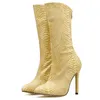 Bottes RIBETRINI Mode Robe De Soirée Fretwork Chaussures Femmes Talons Hauts Minces Mi-mollet Élégant Bout Pointu