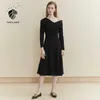 FANSILANEN Sexy col en v noir long pull robe femmes manches mince élégant fête automne hiver tricoté vintage 210607