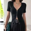 Seksowne Kobiety T Koszula Zipper Slim Dzianiny Solidna Czarna Biała Z Krótkim Rękawem Skinny Podstawowe Przycięte Topy Streetwear Femme Outfit 210608