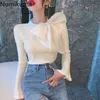 Nomikuma Sweet Bow Tie Collar Collar Pullover Knitwear Jesienny Flare Z Długim Rękawem Dzianiny Topy Koreański Slim Podstawowe Kobiety Sweter 6C872 210427