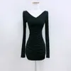 Korean Women's Mini Blue Long Sleeve White Dress Summer Tops Sexy V Neck Short Thin Body Tight Hip Dresses Girl KJ2O 210603