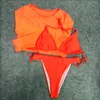 3 piece Neon green bikini swimsuit women Sexy Long Sleeve swimwear high waist set High cut bathing suit 210621