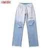 Tangada Mode Femmes Dégradé Bleu Déchiré Lâche Jeans Pantalon Long Pantalon Poches Boutons Femme Pantalon PP10 210609