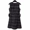 Tweed Dress Elegant Side Bow A-line es Black Plaid Sleeveless Summer O Neck Mini D0845 210514